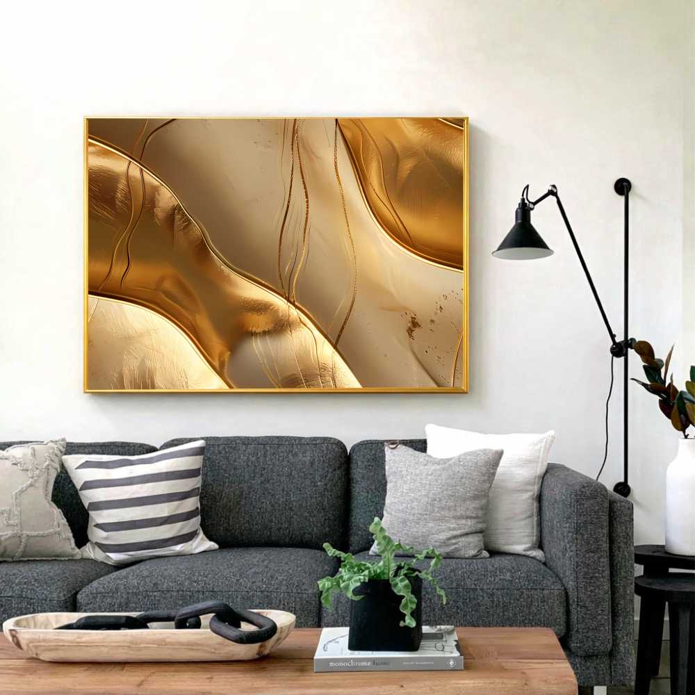 Quadro Decorativo Abstrato Ondas em Ouro Puro